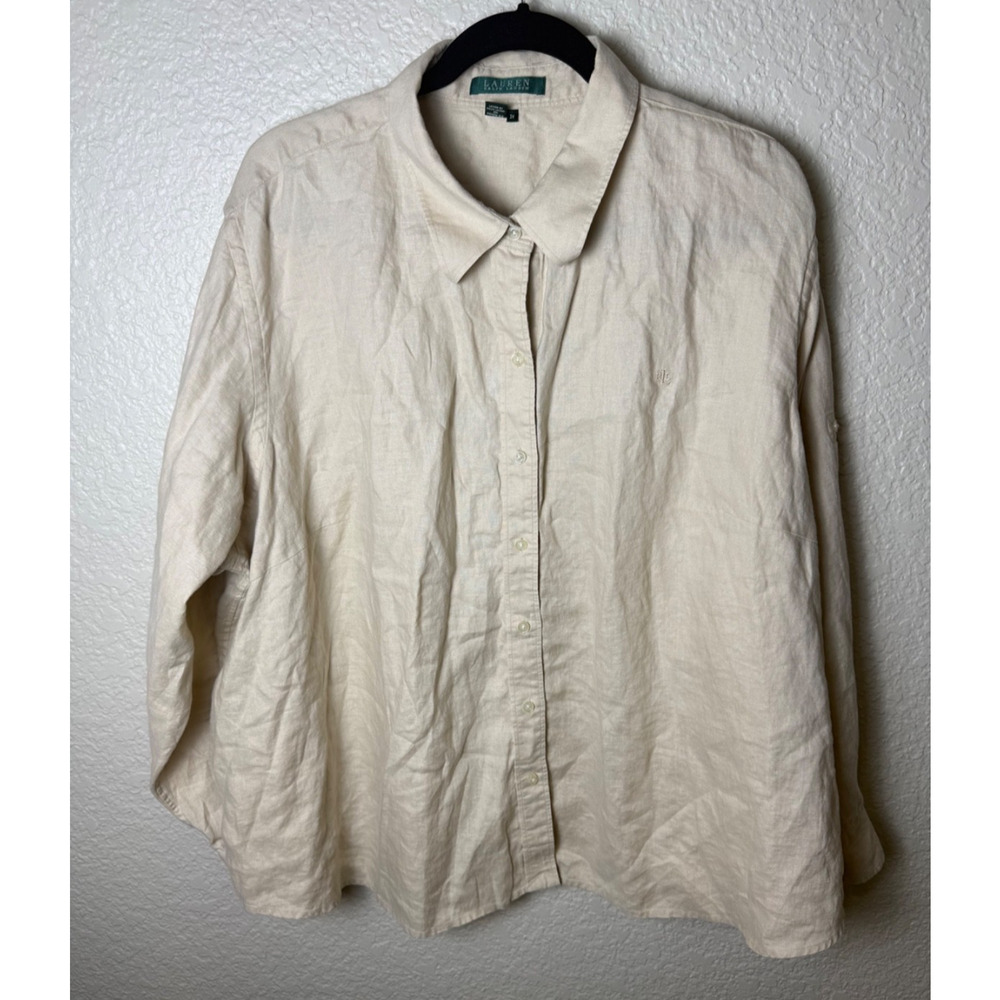 Lauren Ralph 3X Tan 100% Linen Button Front Blouse Roll-up Sleeves Camp Shirt
